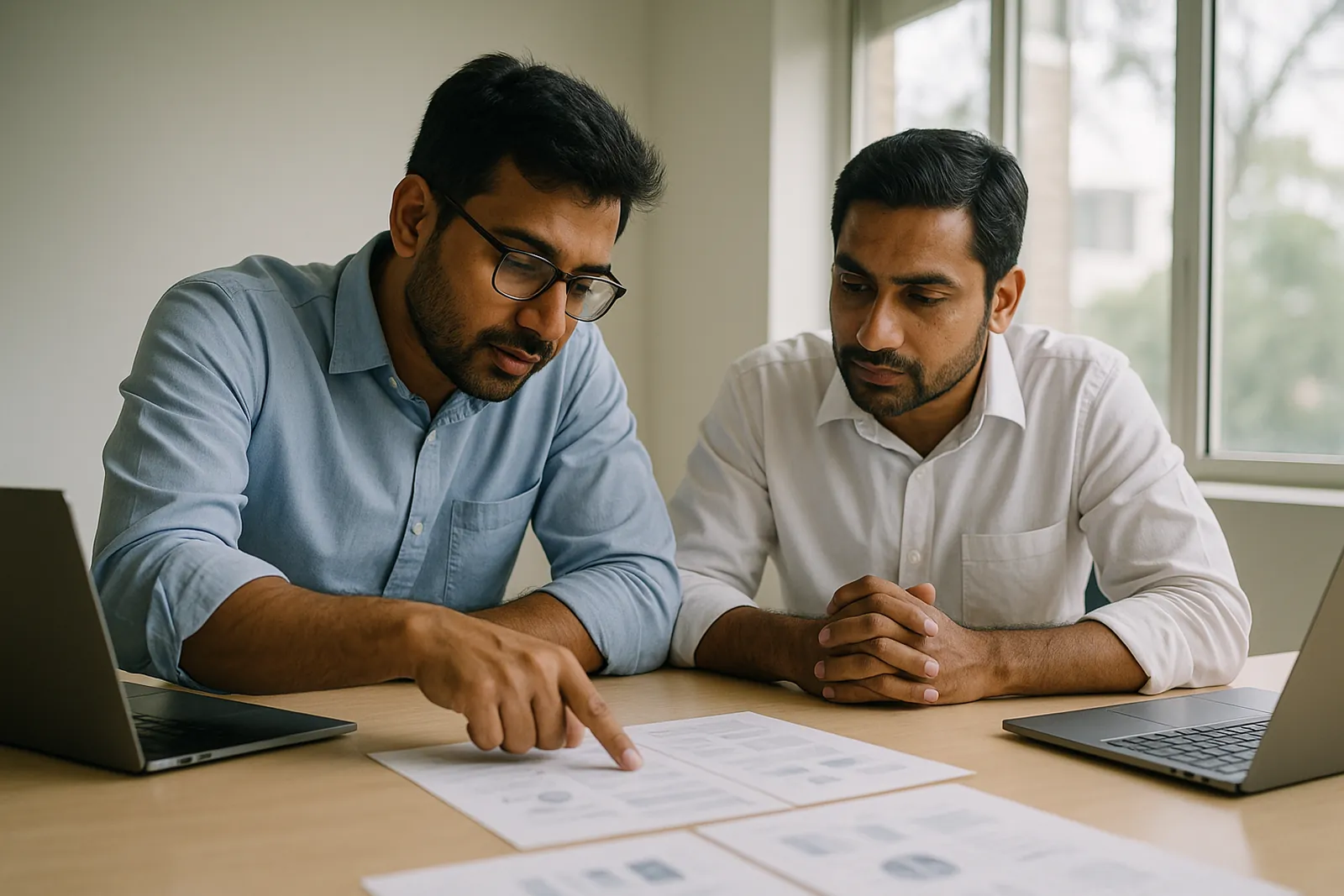 Two professionals comparing options across a table