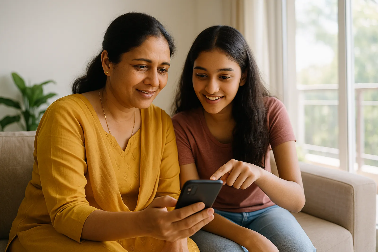 A mother and her teenage daughter researching schools on a phone