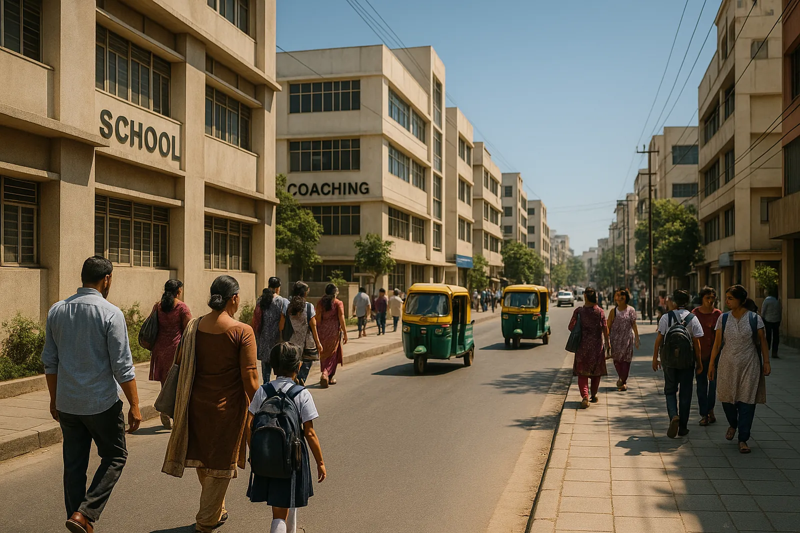 An Indian city street with education institutes